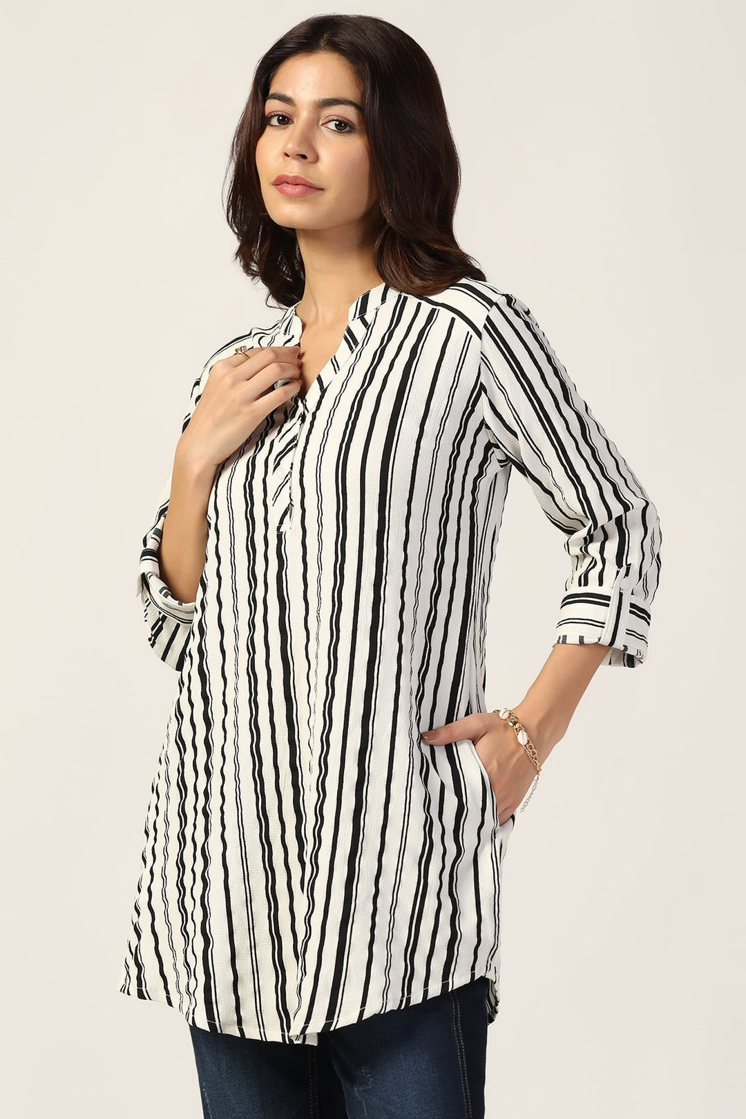 White Striped Bubble Crepe Tunic