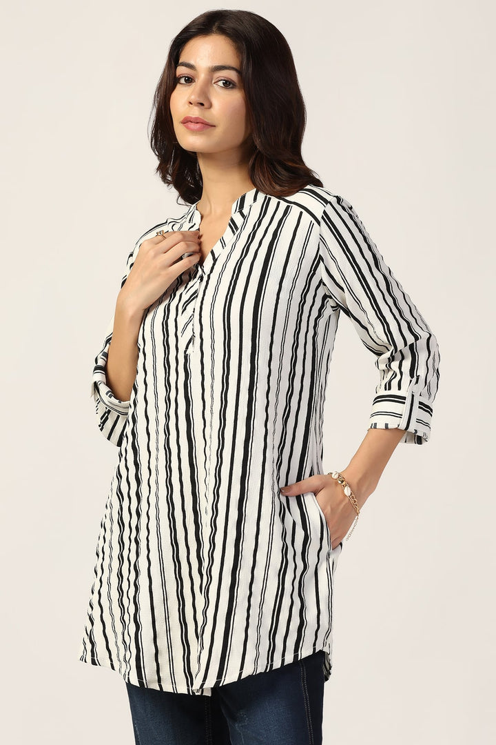 White Striped Bubble Crepe Tunic