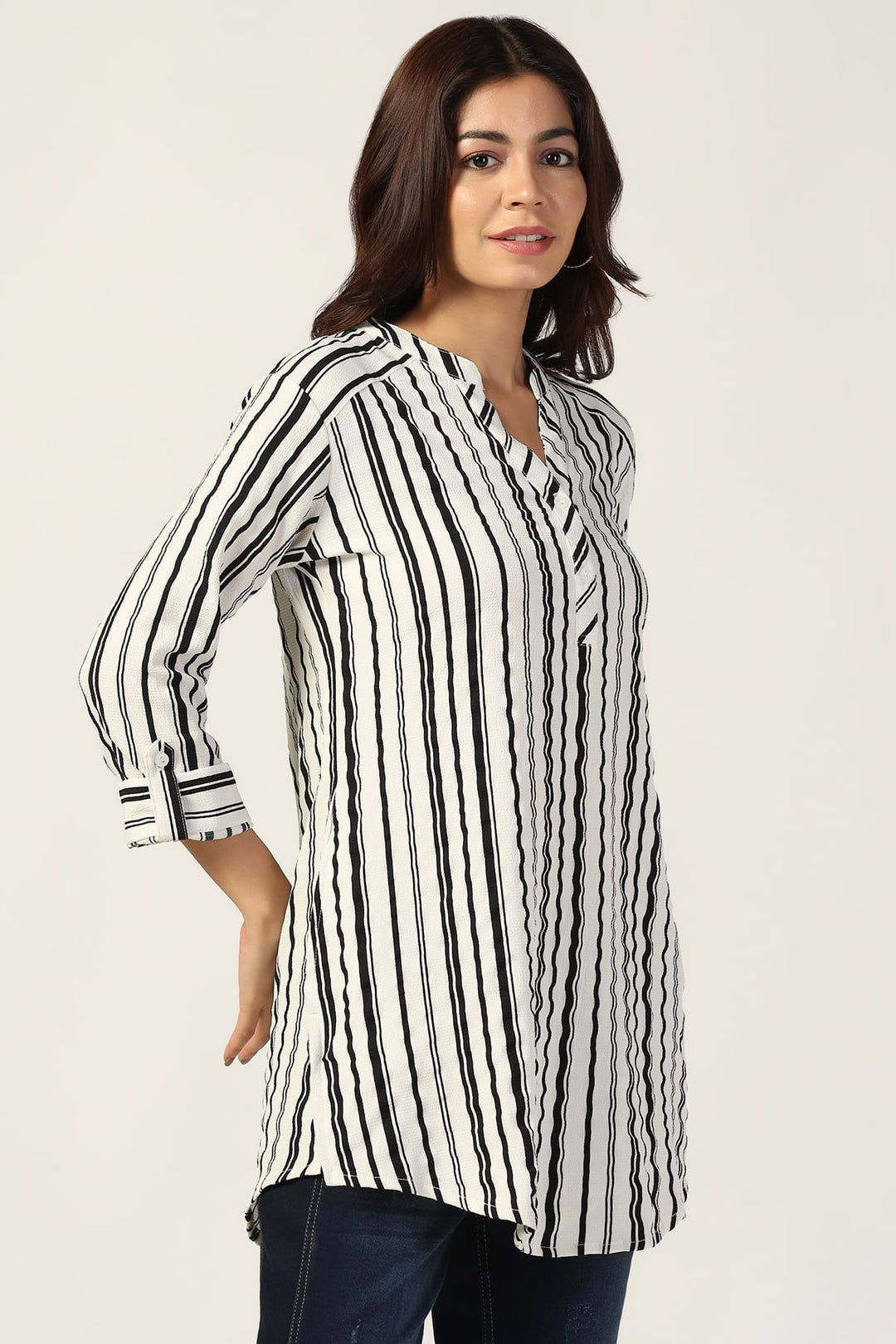 White Striped Bubble Crepe Tunic