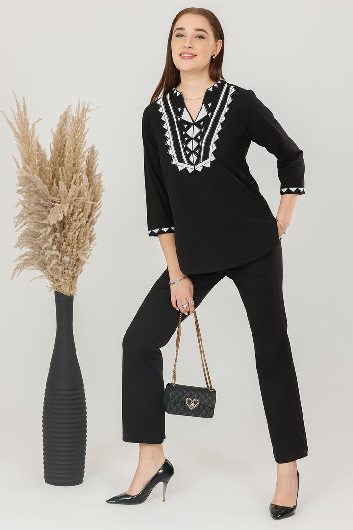 Black Embroidered Cotton Seer Sucker Casual Top