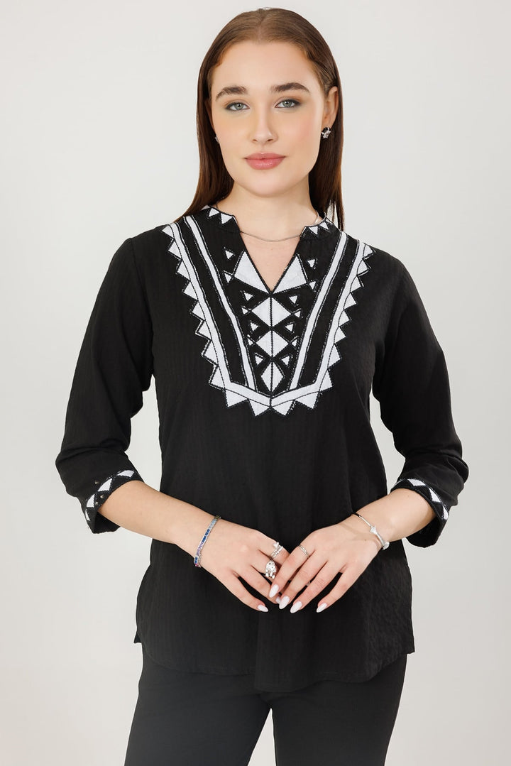 Black Embroidered Cotton Seer Sucker Casual Top