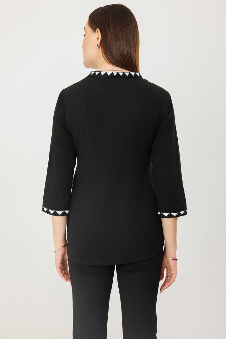 Black Embroidered Cotton Seer Sucker Casual Top