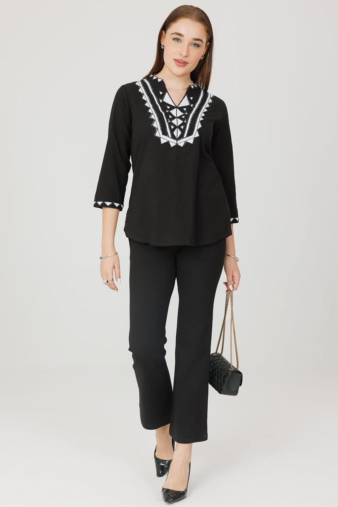 Black Embroidered Cotton Seer Sucker Casual Top