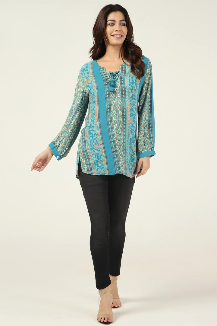 Teal Printed Rayon Crepe Casual Top