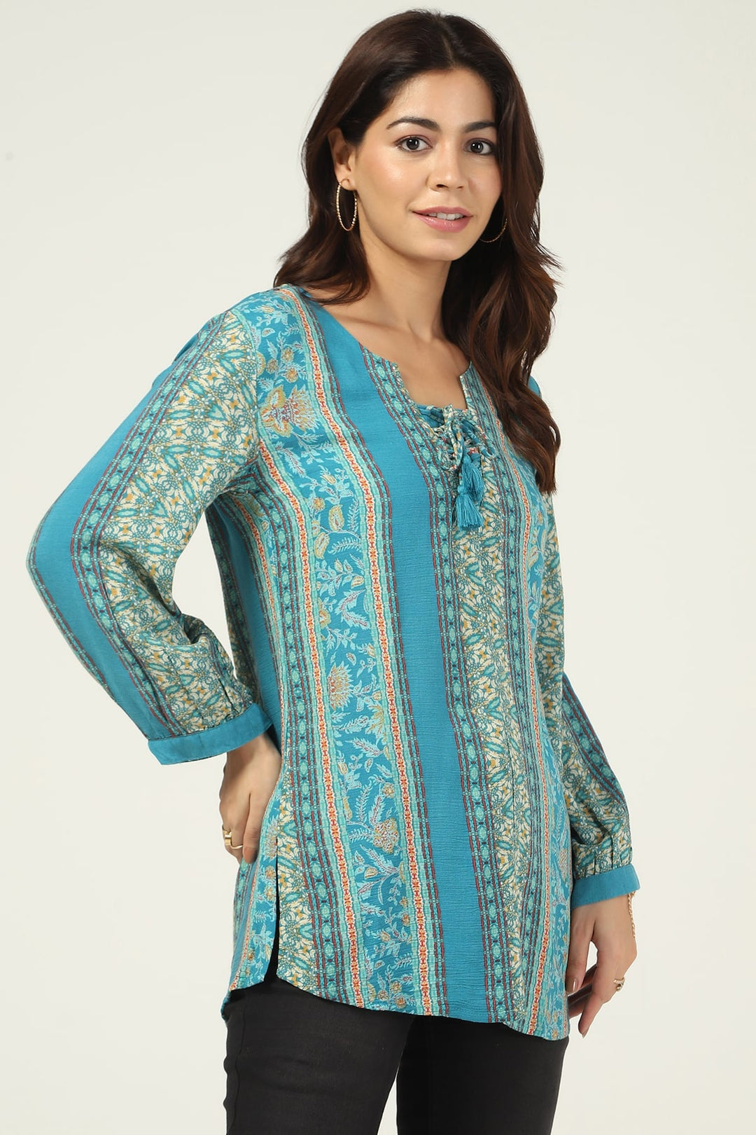 Teal Printed Rayon Crepe Casual Top