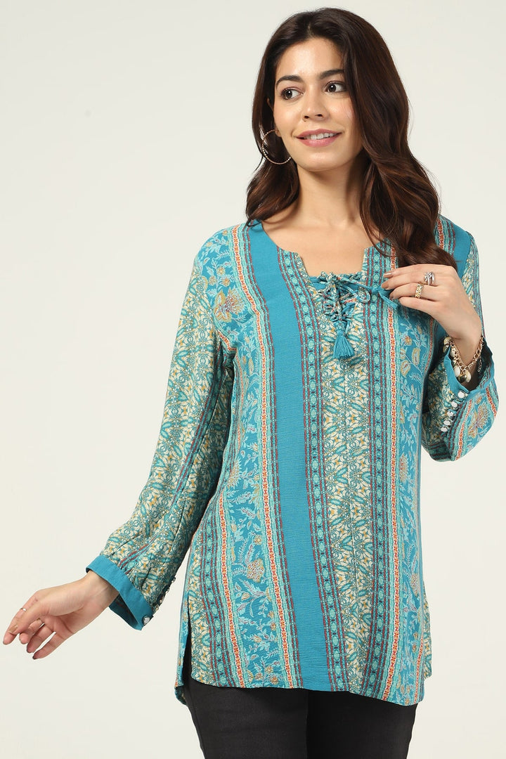 Teal Printed Rayon Crepe Casual Top