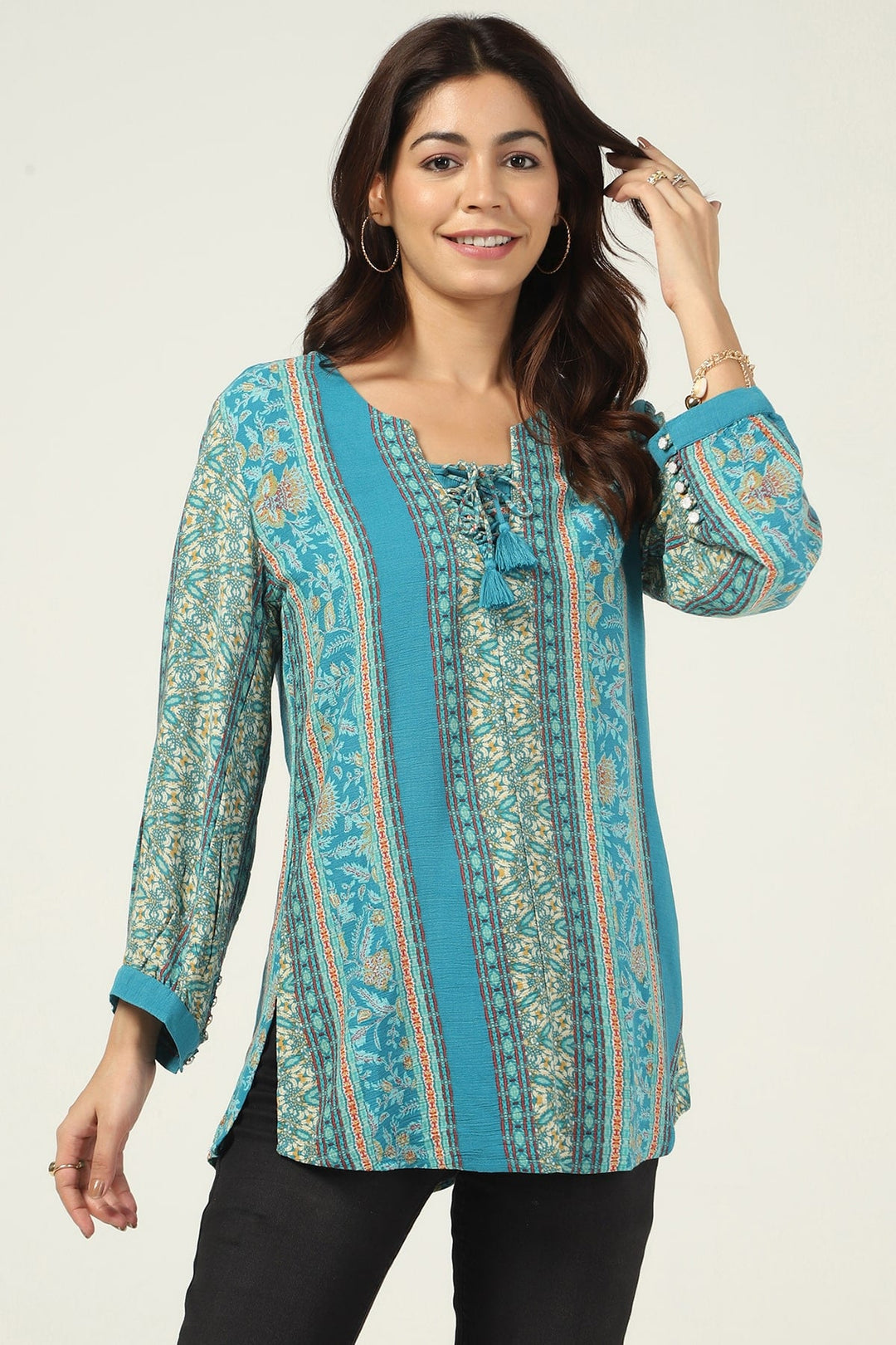 Teal Printed Rayon Crepe Casual Top