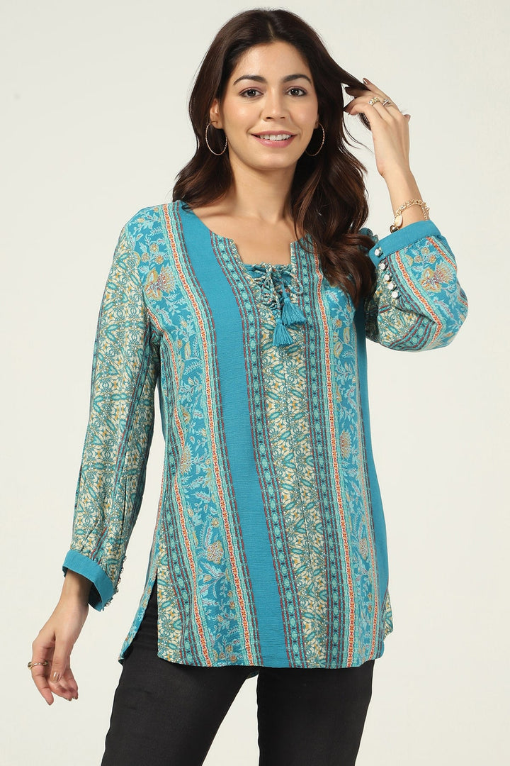 Teal Printed Rayon Crepe Casual Top