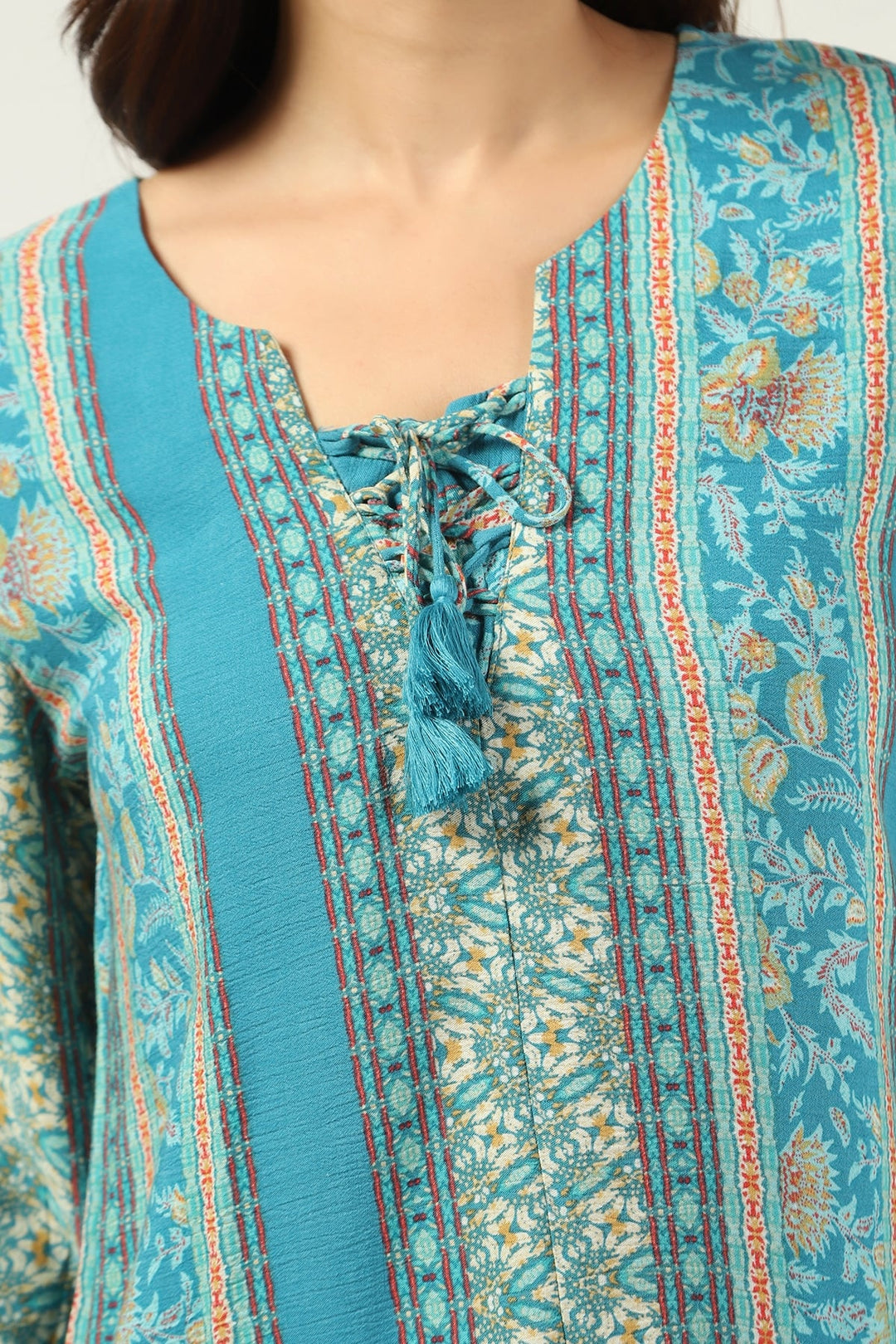 Teal Printed Rayon Crepe Casual Top