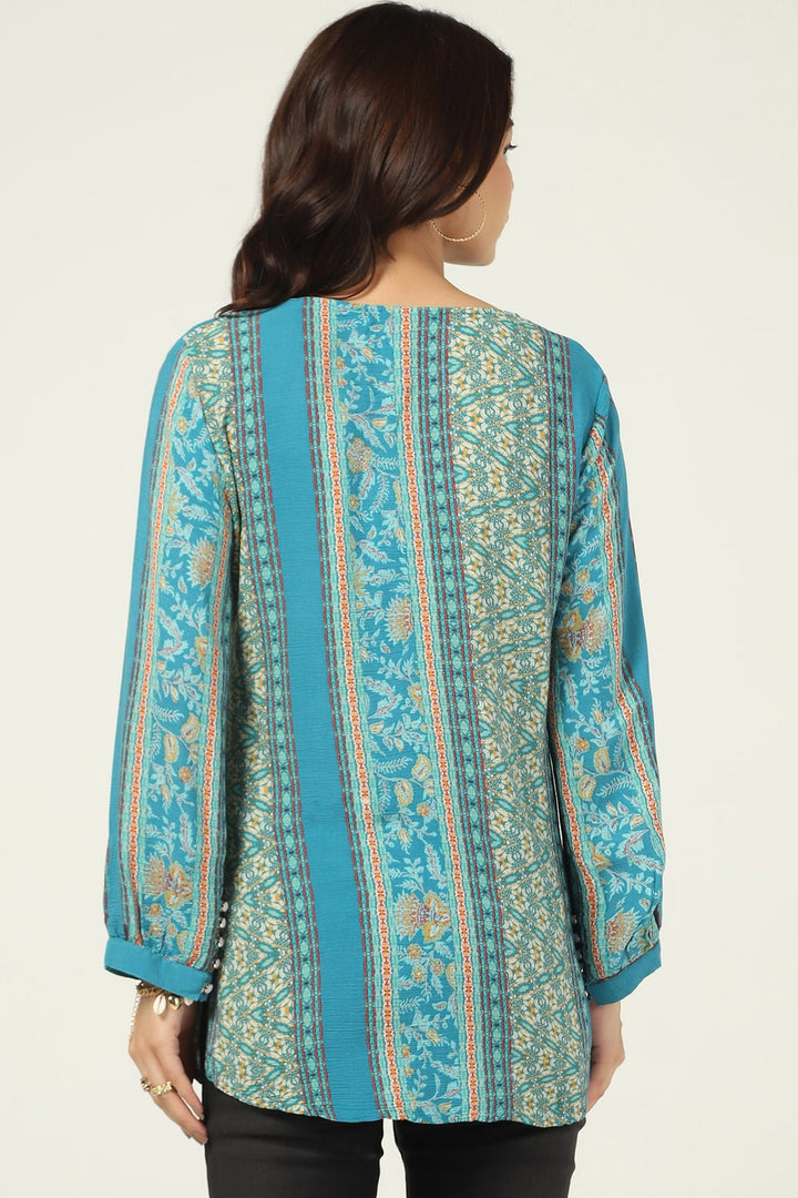 Teal Printed Rayon Crepe Casual Top