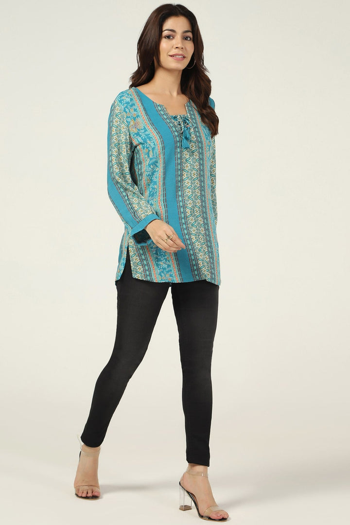 Teal Printed Rayon Crepe Casual Top