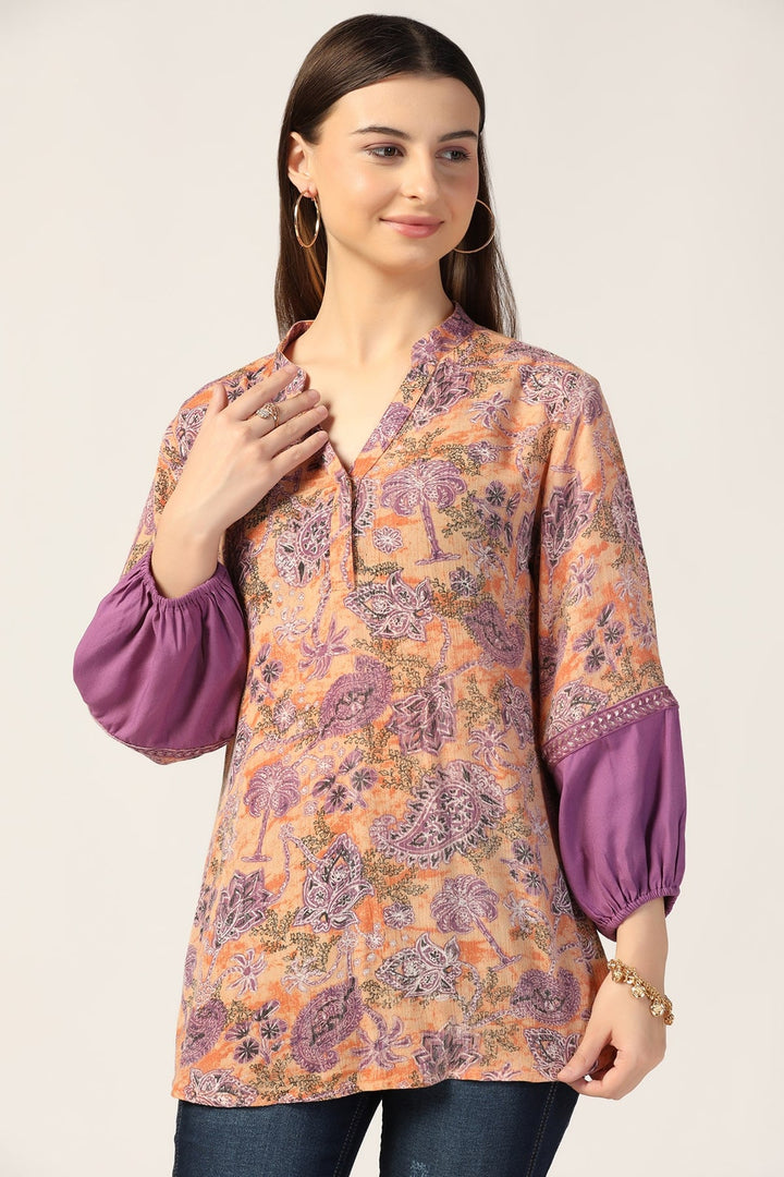 Peach Rayon Crepe Printed Top