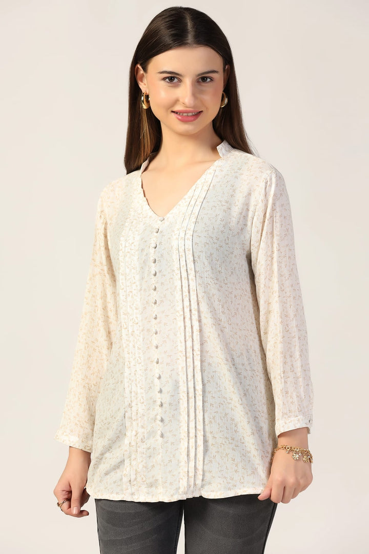 Off White Printed Rayon Crepe Top