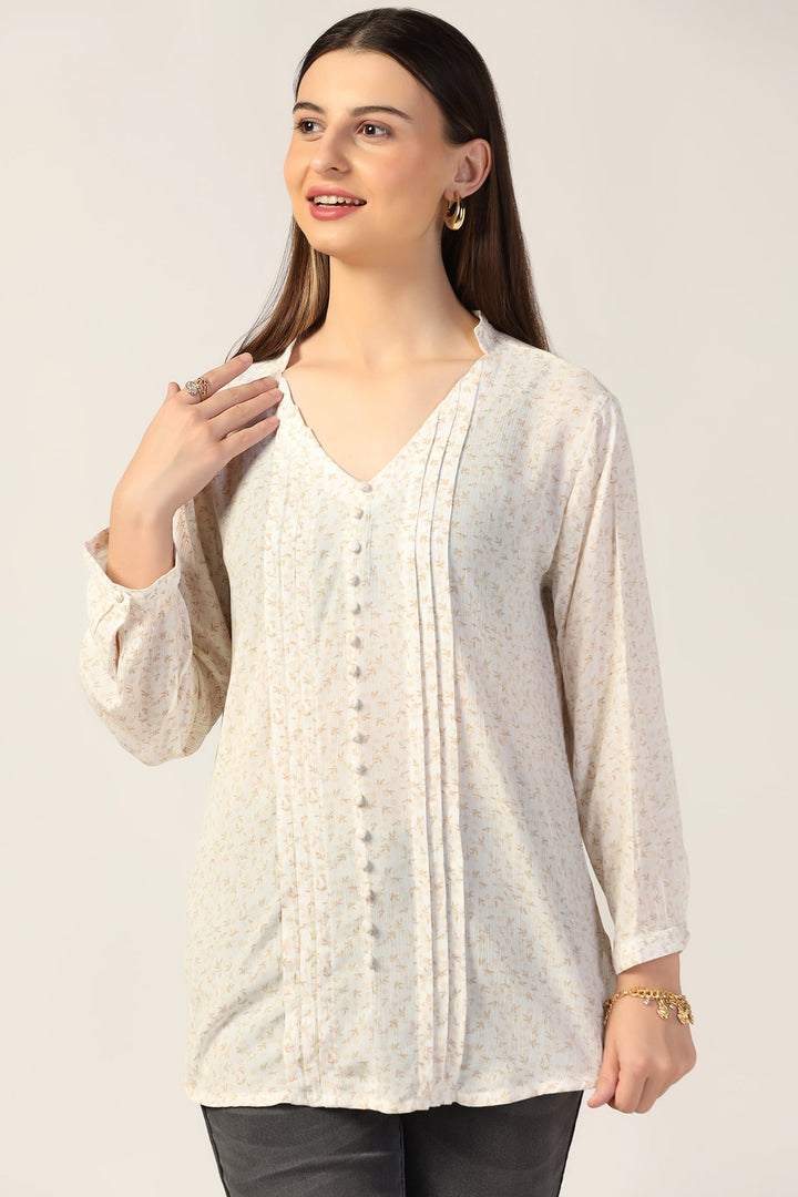 Off White Printed Rayon Crepe Top