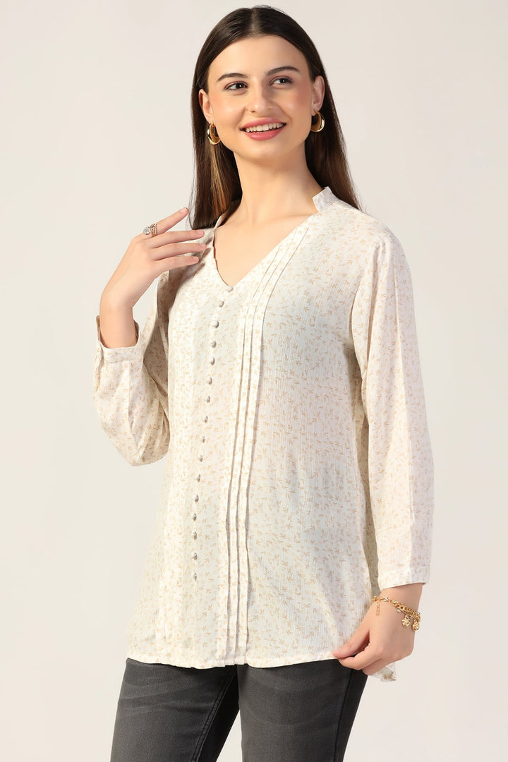 Off White Printed Rayon Crepe Top