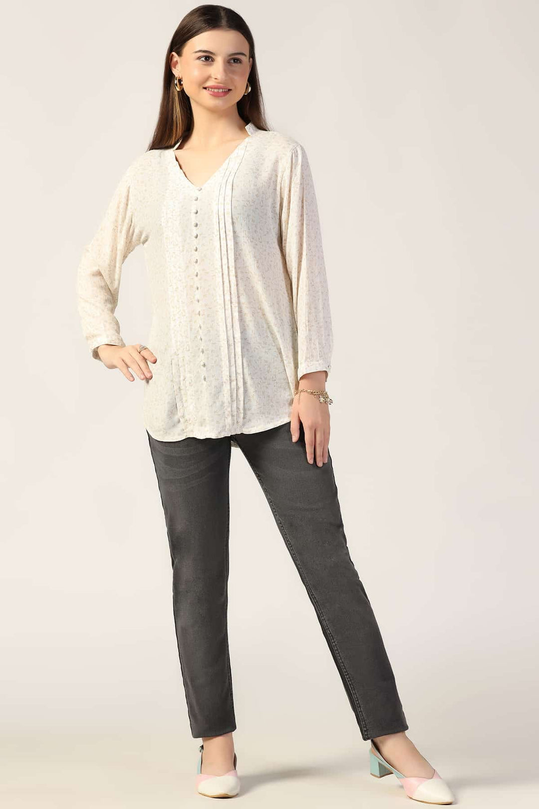 Off White Printed Rayon Crepe Top