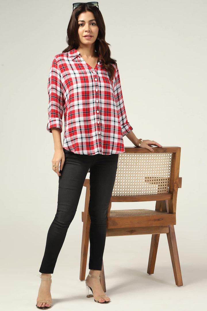 White &amp; Maroon Checked Rayon Twill Shirt