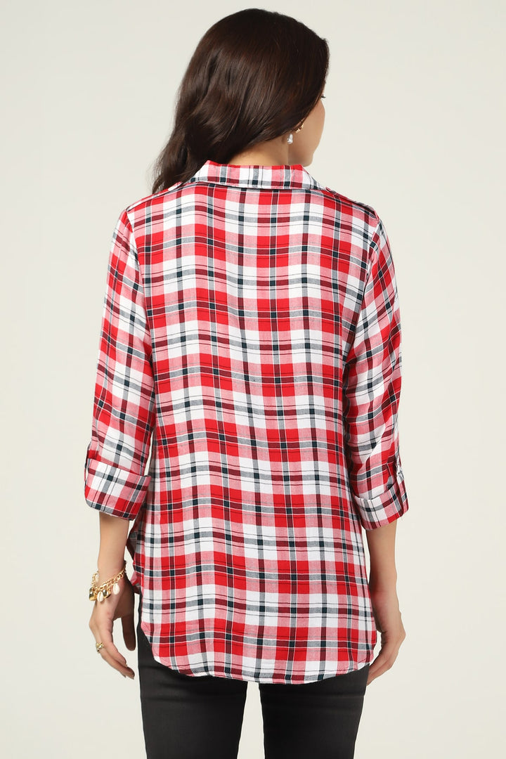 White &amp; Maroon Checked Rayon Twill Shirt
