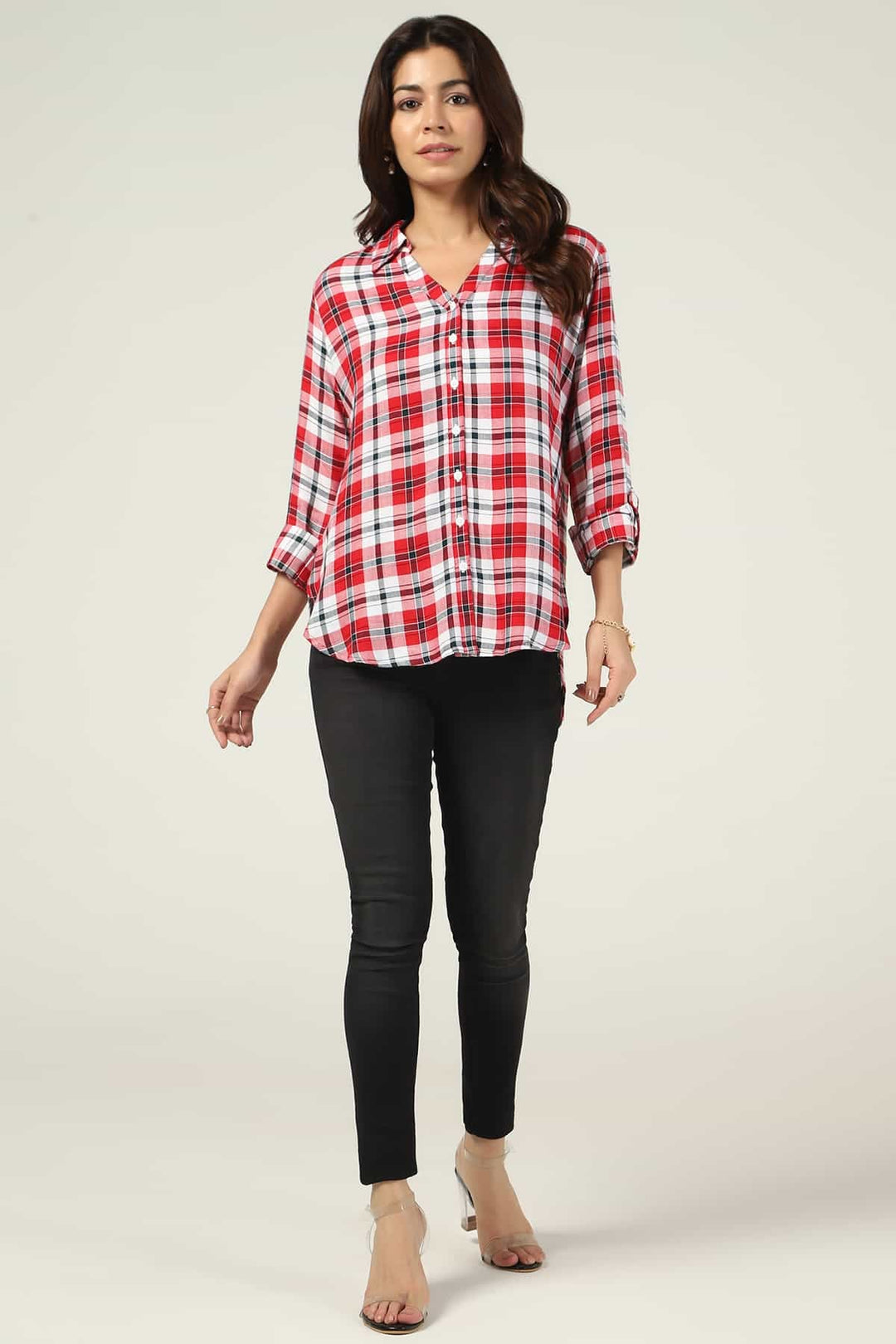 White &amp; Maroon Checked Rayon Twill Shirt