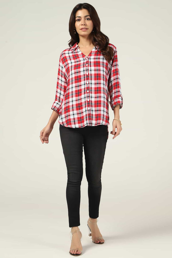 White &amp; Maroon Checked Rayon Twill Shirt