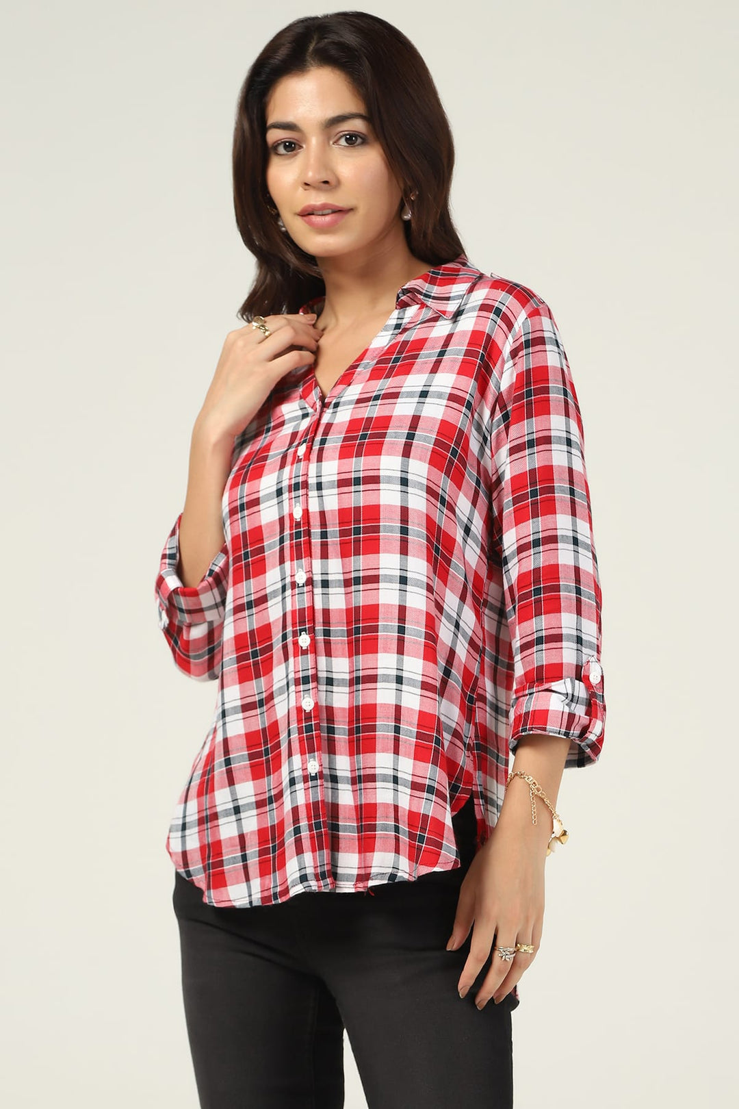 White &amp; Maroon Checked Rayon Twill Shirt
