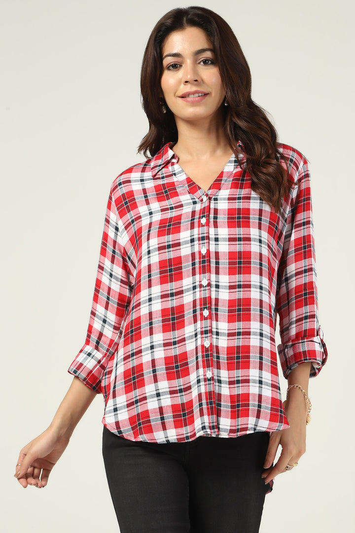 White &amp; Maroon Checked Rayon Twill Shirt