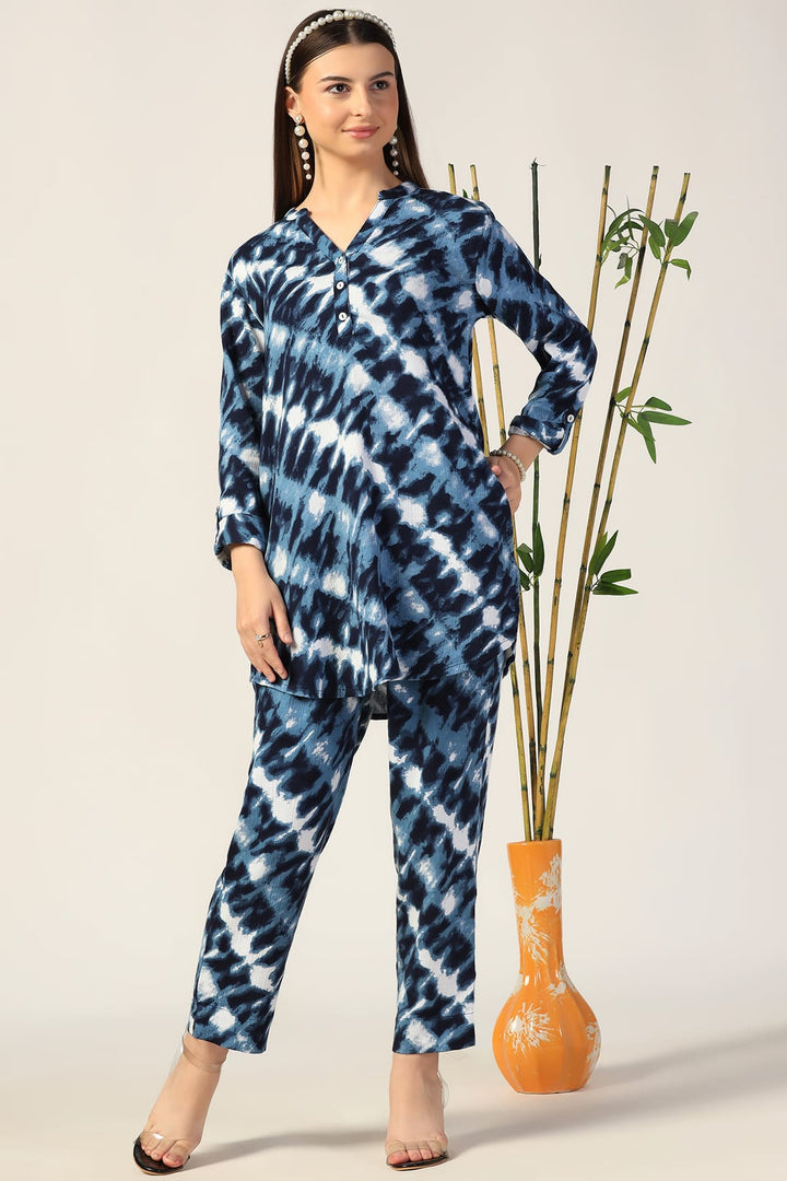 Blue Printed Double Cloth Co-Ord Pants
