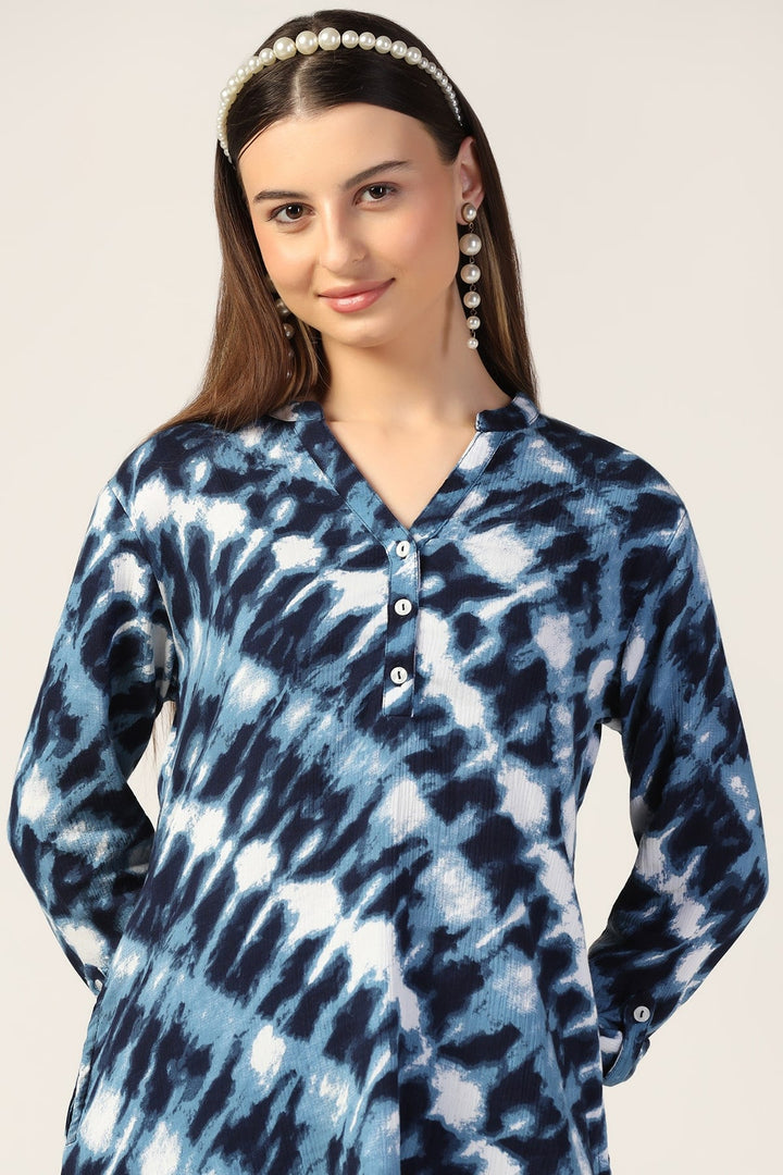 Blue Printed Double Cloth Co-Ord Tunic