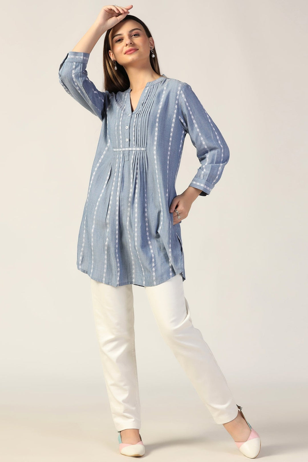 Chambray Jacquard Mandarin Tunic