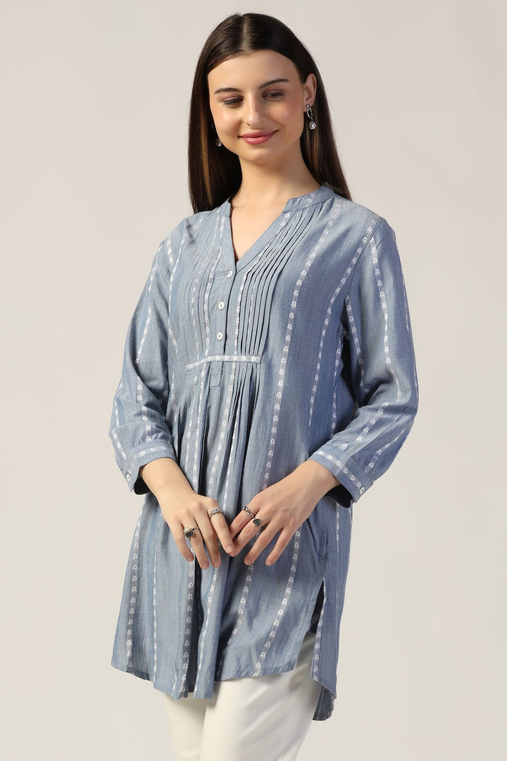 Chambray Jacquard Mandarin Tunic
