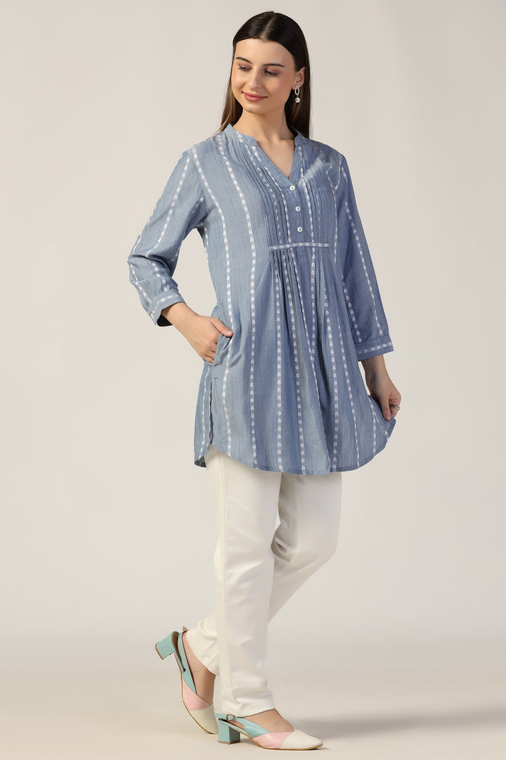 Chambray Jacquard Mandarin Tunic