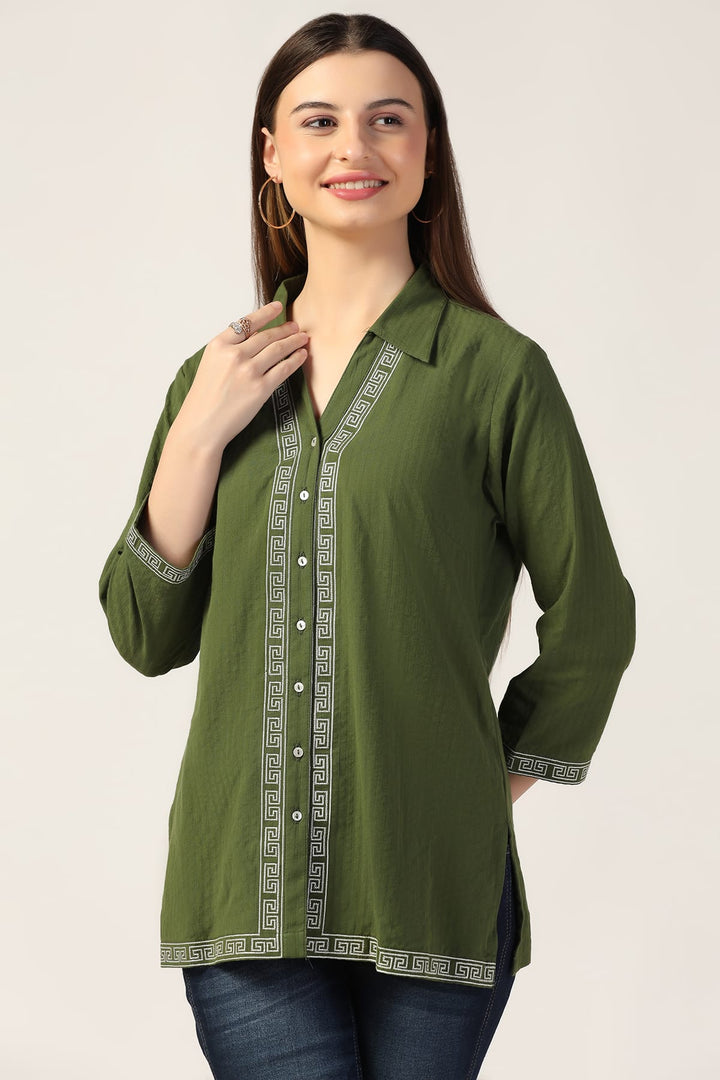 Forest Green Seer Sucker Shirt with Embroidery