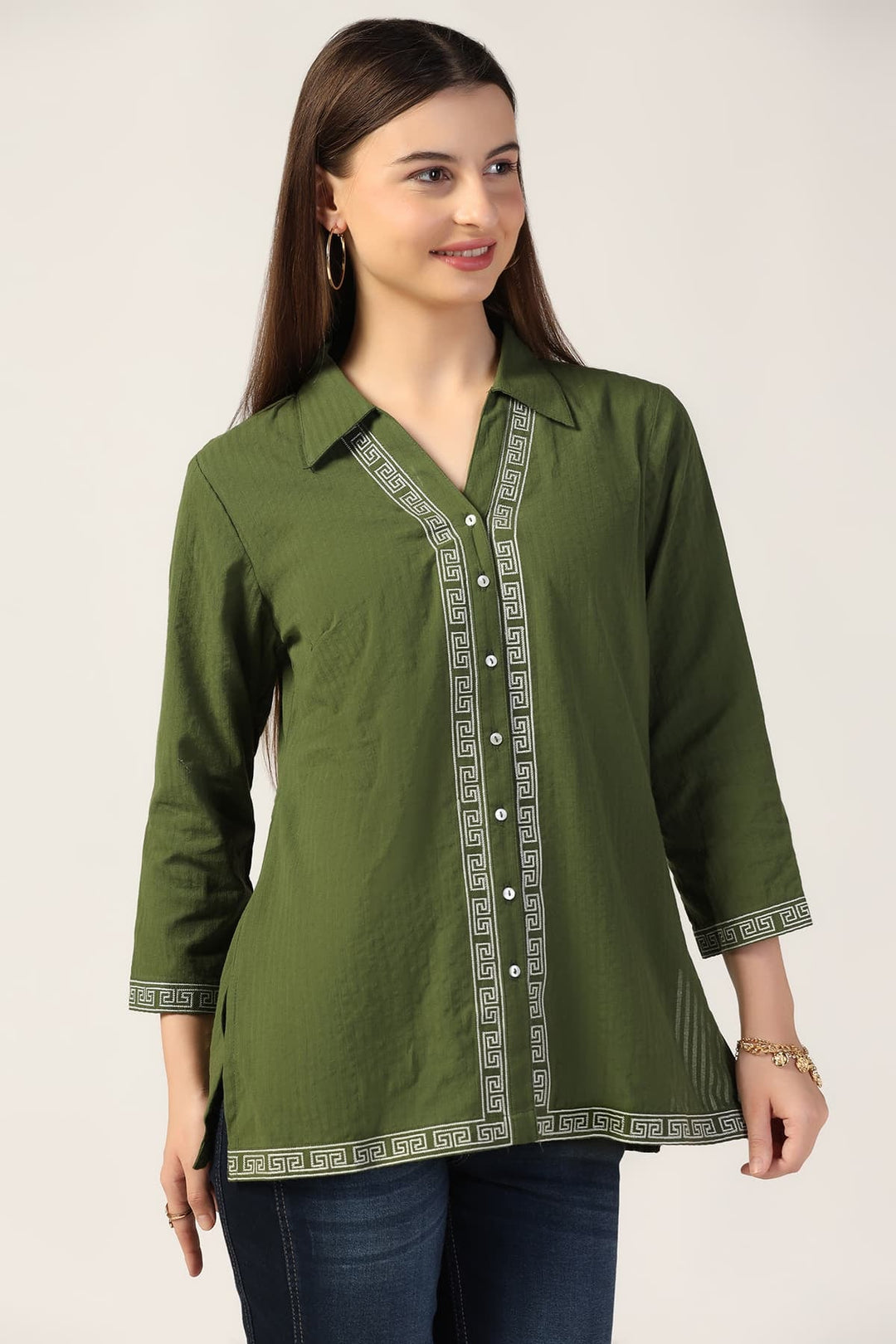 Forest Green Seer Sucker Shirt with Embroidery