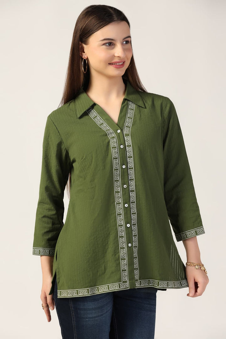 Forest Green Seer Sucker Shirt with Embroidery