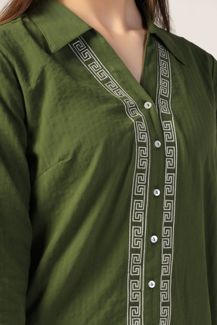 Forest Green Seer Sucker Shirt with Embroidery