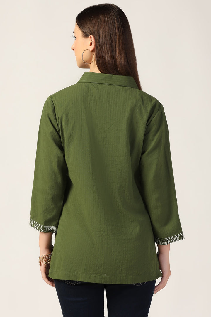 Forest Green Seer Sucker Shirt with Embroidery