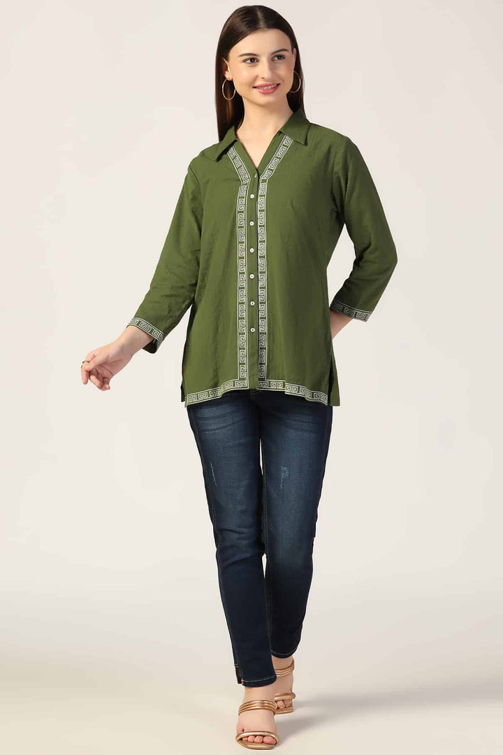 Forest Green Seer Sucker Shirt with Embroidery