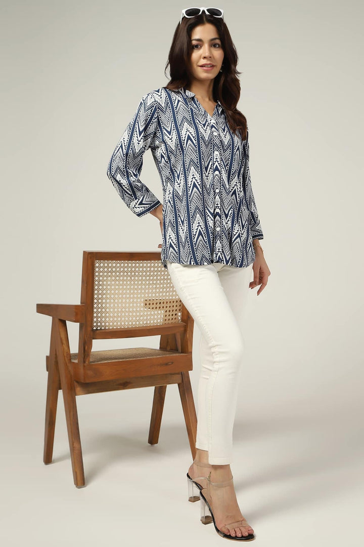 Blue &amp; White Printed Rayon Shirt