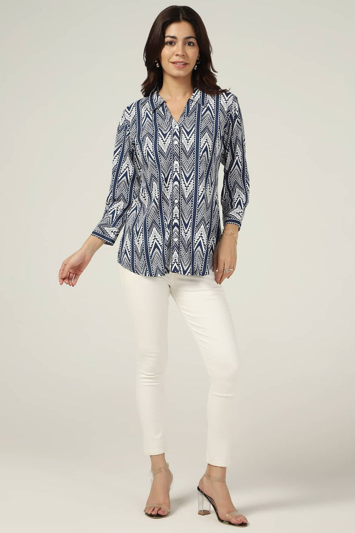 Blue &amp; White Printed Rayon Shirt