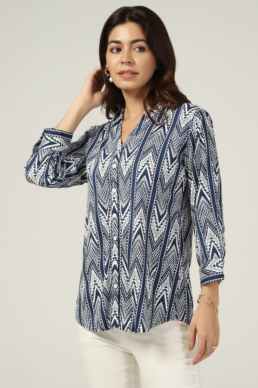 Blue &amp; White Printed Rayon Shirt