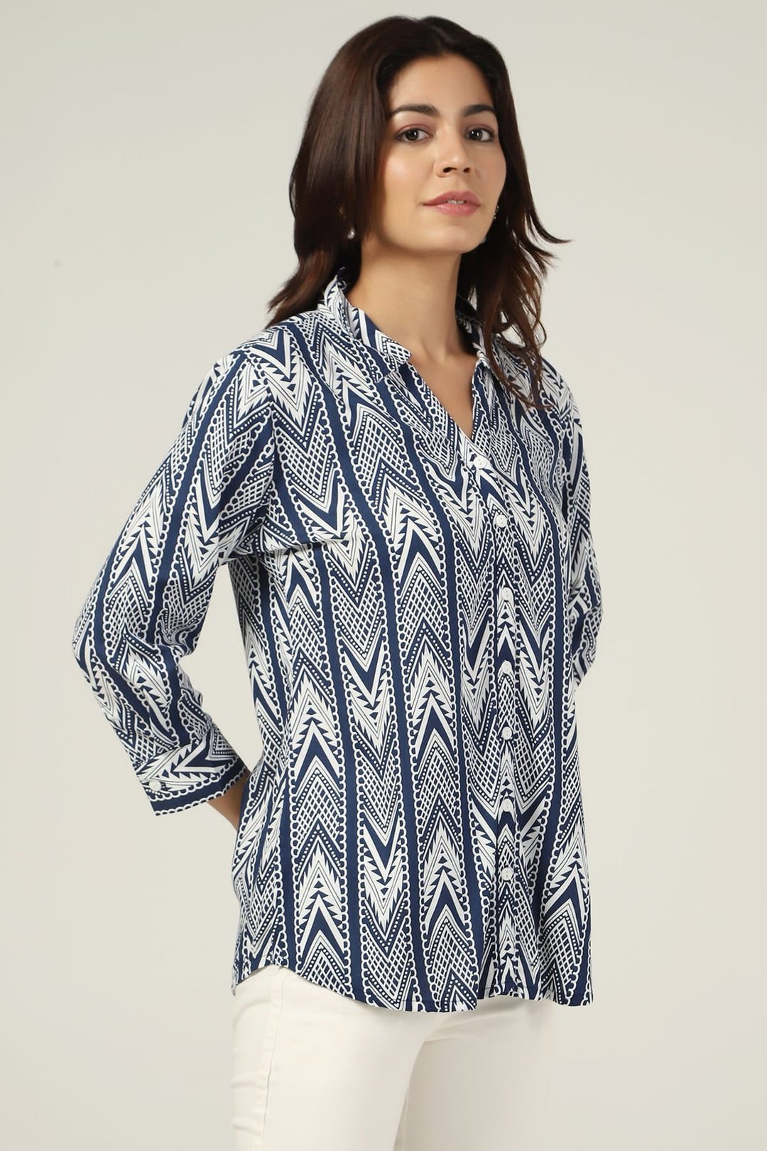 Blue &amp; White Printed Rayon Shirt