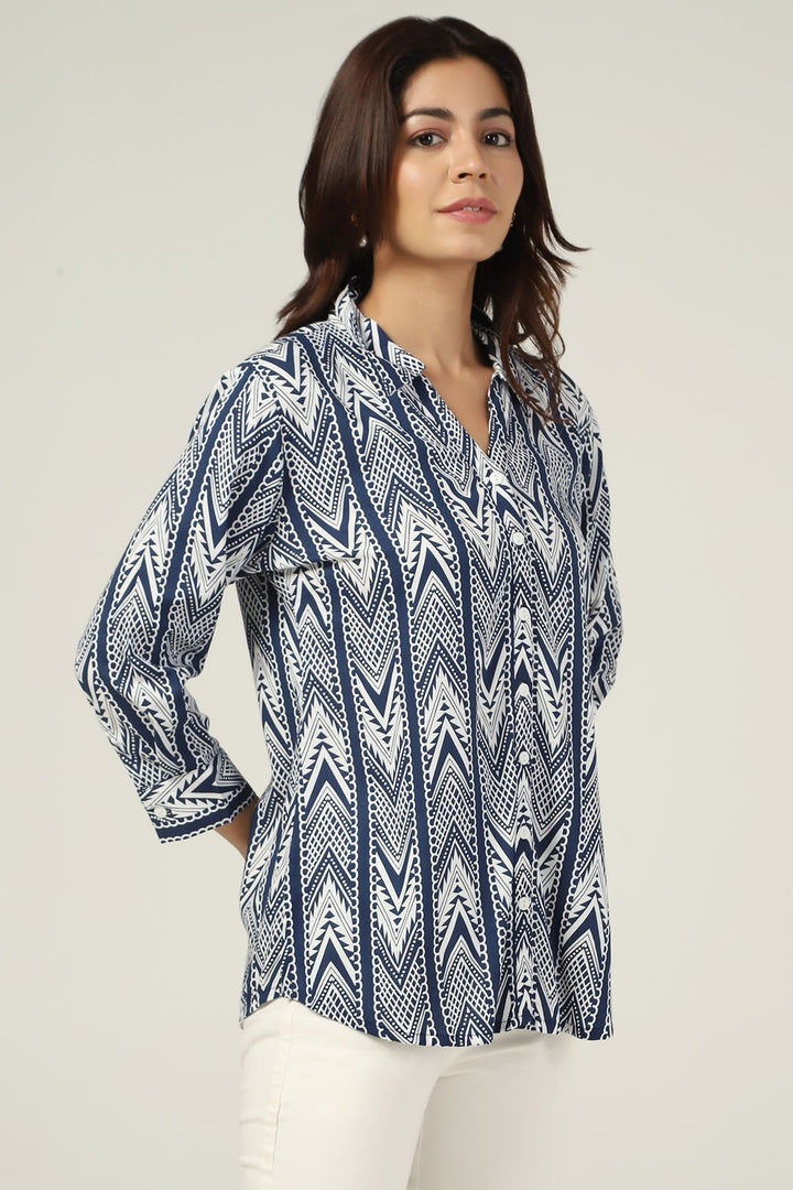 Blue &amp; White Printed Rayon Shirt