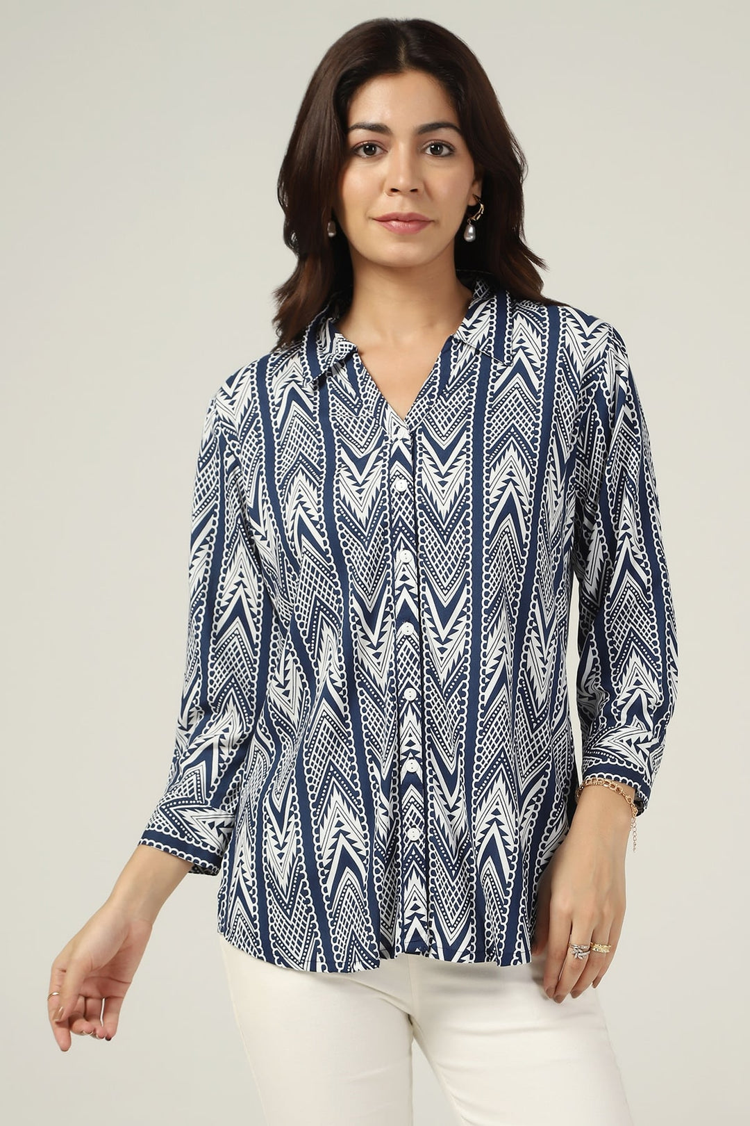 Blue &amp; White Printed Rayon Shirt