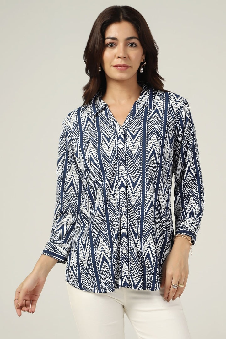 Blue &amp; White Printed Rayon Shirt