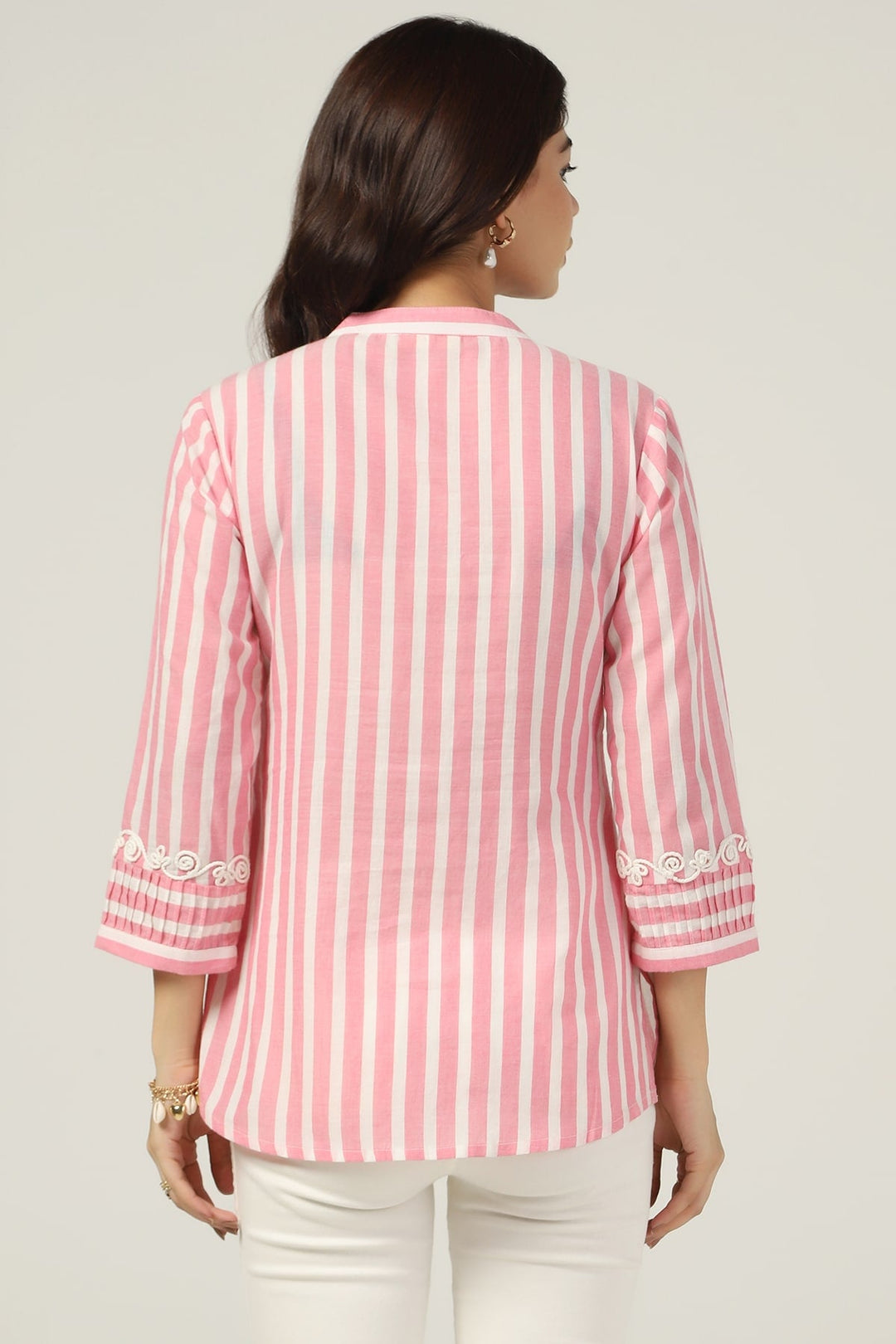 Striped Cotton Mandarin Collar Shirt