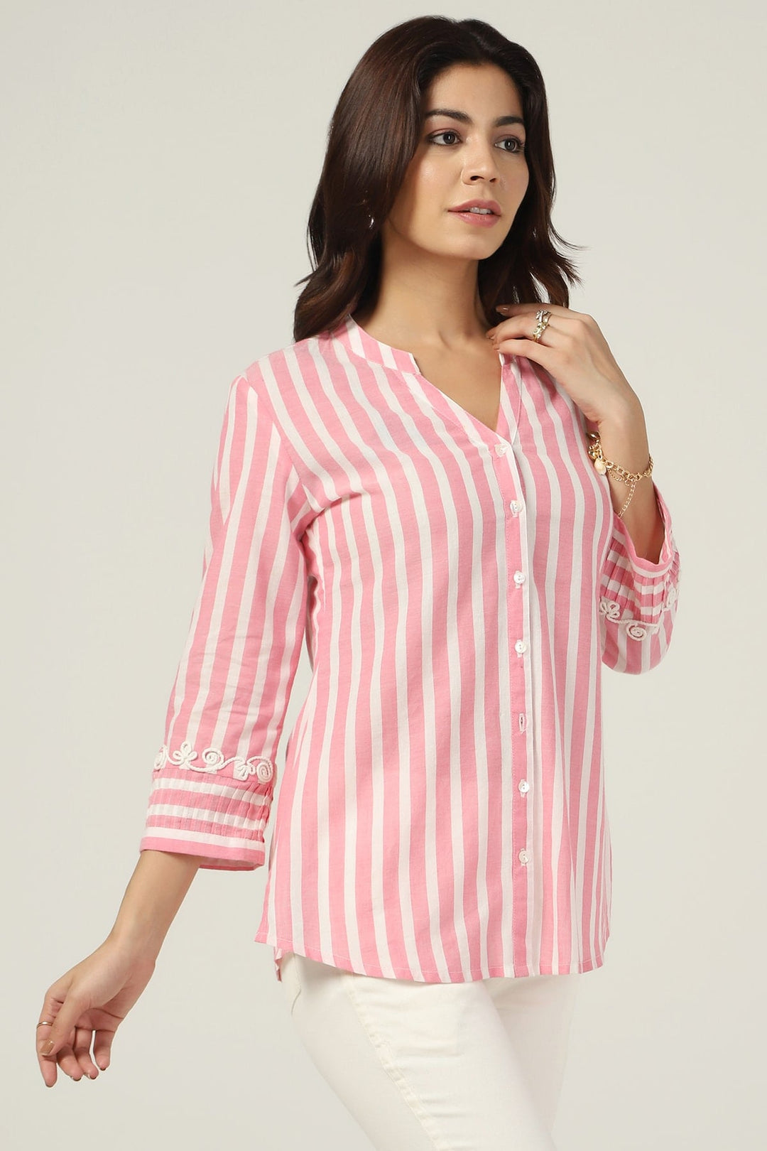 Striped Cotton Mandarin Collar Shirt