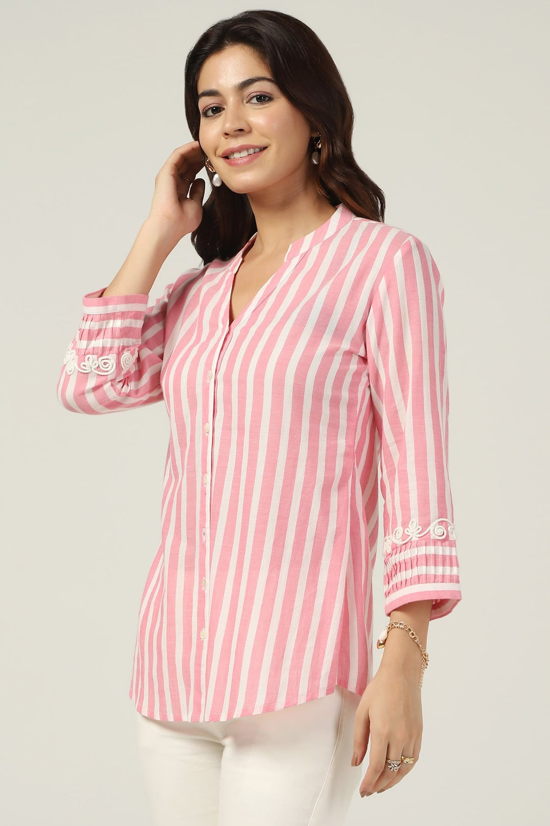 Striped Cotton Mandarin Collar Shirt