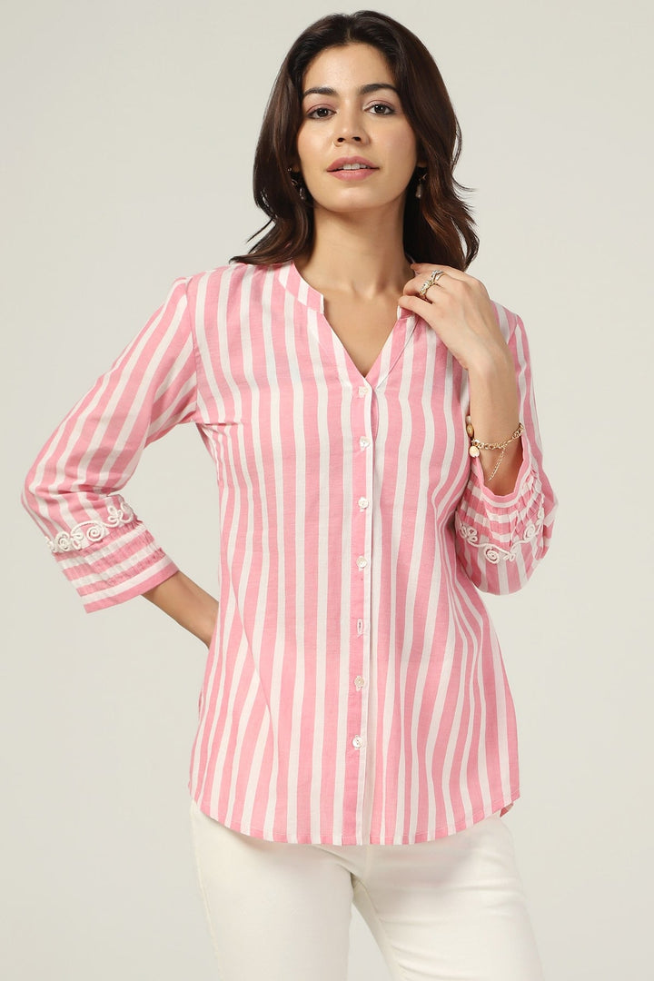 Striped Cotton Mandarin Collar Shirt