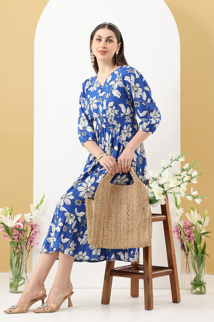 Blue Viscose Linen Printed Dress with 3/4th Sleeves &amp; V-Neck