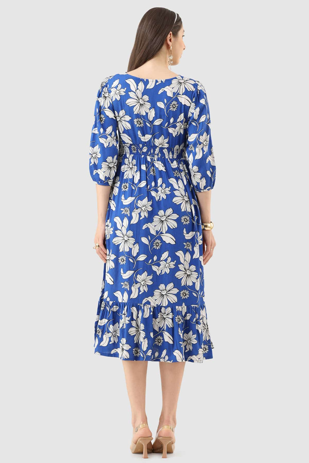 Blue Viscose Linen Printed Dress with 3/4th Sleeves &amp; V-Neck